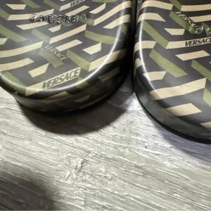 Versace Geometric Print Slides in Green and Tan- Size 12 all sales final Versace | Shoes | Versace Geometric Print Slides In Green  main image 2